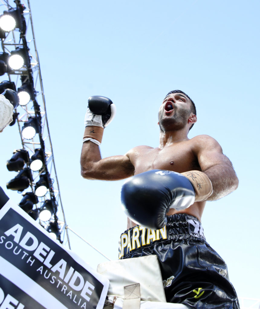 BOXINIG - ADELAIDE OVAL. Fight 3 - Antonio Caruso v Friday Nwaiwu. - Antonio Caruso celebrates with the crowd after the win. Picture Sarah Reed